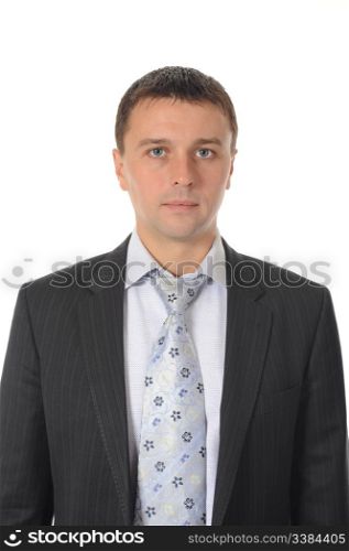 Portrait of happy smiling businessman in a business suit. Isolated on white background