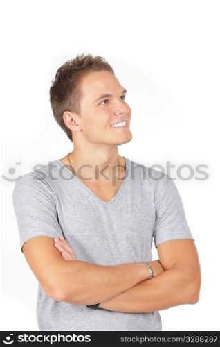 Portrait of happy smiling man with hands folded looking aside, isolated on white