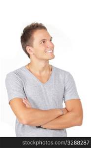 Portrait of happy smiling man with hands folded looking aside, isolated on white