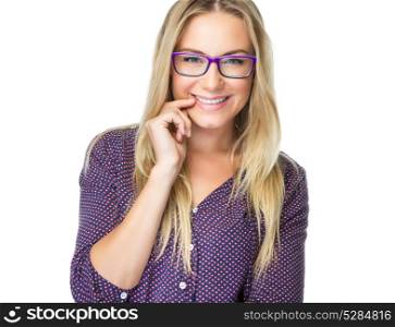 Portrait of happy smiling student girl wearing stylish glasses isolated on white background, enjoying education, studying with pleasure