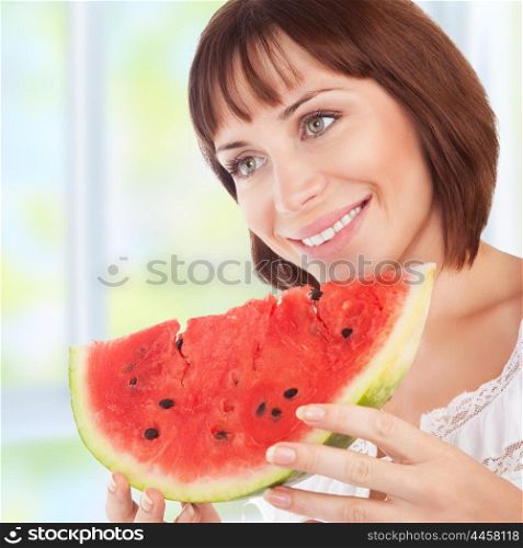 Portrait of happy smiling woman eat fresh red ripe watermelon at home, enjoying summer fruits, organic food, healthy natural dessert