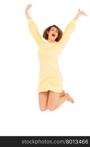 Portrait of happy smiling woman in yellow dress jumping against of white background. Isolated, studio shot.