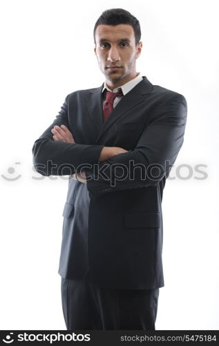 Portrait of happy smiling young arab business man isolated on white background