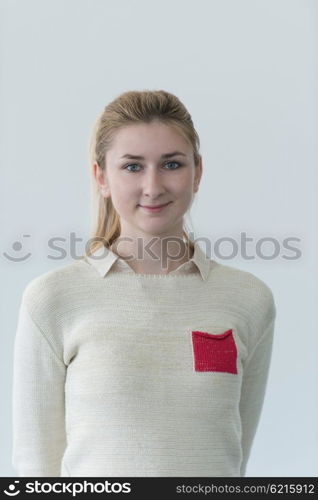 portrait of happy smilling female student girl in school library