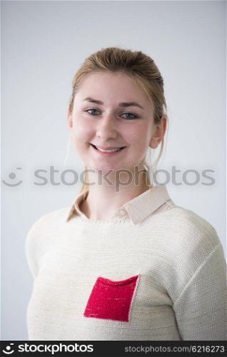 portrait of happy smilling female student girl in school library