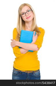 Portrait of happy student girl in glasses hugging book