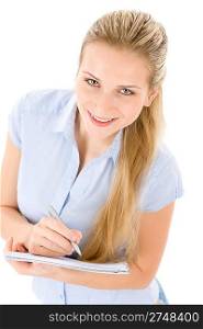 Portrait of happy student woman write notes on white background