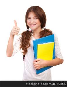 Portrait of happy teen girl well passed exam, cheerful teenager with books gesturing thumbs up isolated on white background, back to school concept