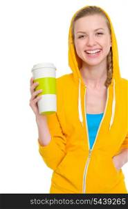 Portrait of happy teenager girl holding coffee cup