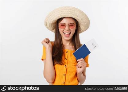 Portrait of happy tourist woman holding passport on holiday on white background. Portrait of happy tourist woman holding passport on holiday on white background.