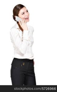 Portrait of happy woman calling by mobile in white shirt - isolated on white. &#xA;