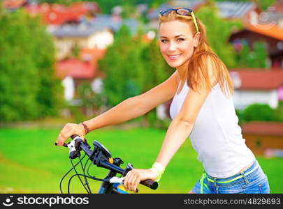 Portrait of happy woman resting in countryside, enjoying European tour on bicycle, extreme sport, happy summer holidays concept