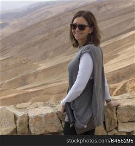 Portrait of happy woman, Scorpions Ascent, Arava Valley, Negev Desert, Israel