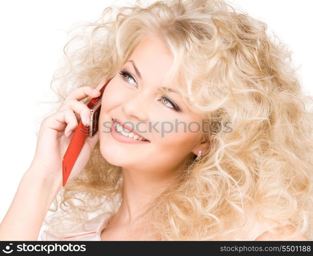 portrait of happy woman with red phone