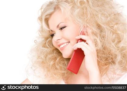 portrait of happy woman with red phone