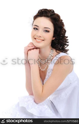 Portrait of happy young bride on white background