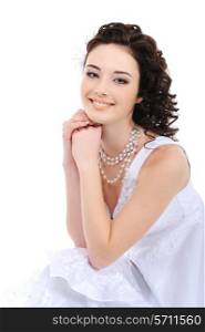 Portrait of happy young bride on white background