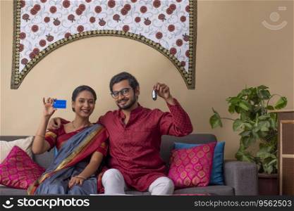 Portrait of happy young couple sitting in living room with credit card and new car key
