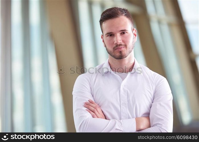 portrait of happy young handsome hipster business man with beard at modern office space interior
