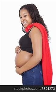 Portrait of happy young pregnant woman wearing superhero cape over white background