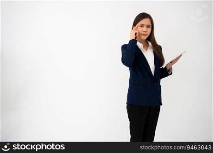 Portrait of happy young thoughtful Asian women think for new ideas and holding tablet on isolated white background. Concept of advertising marketing and product placement.