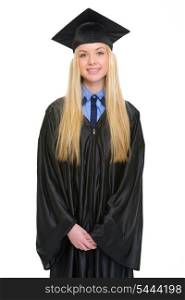 Portrait of happy young woman in graduation gown
