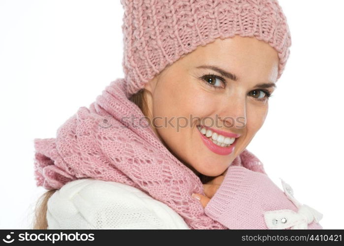 Portrait of happy young woman in knit winter clothing