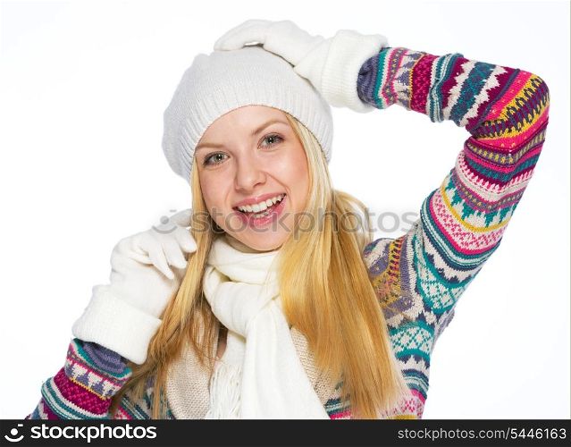 Portrait of happy young woman in winter clothes