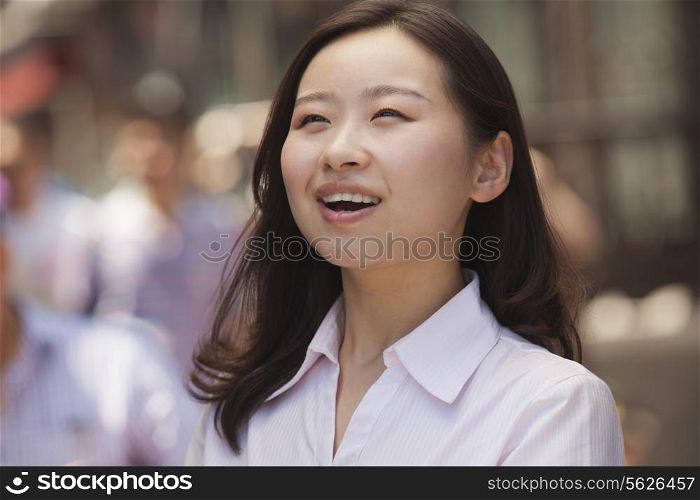 Portrait of happy young women on the street, Beijing