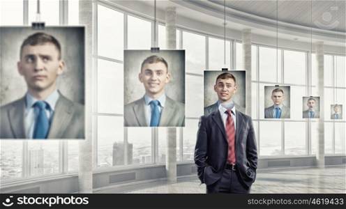 Portrait of headless businessman. Faceless man in modern interior fitting different emotions
