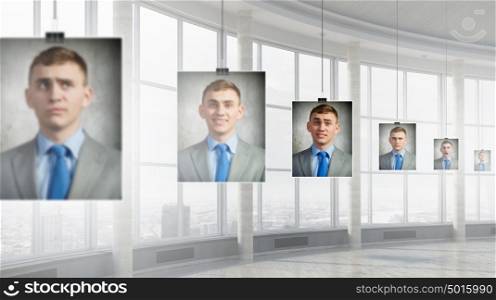 Portrait of headless businessman. Faceless man in modern interior fitting different emotions