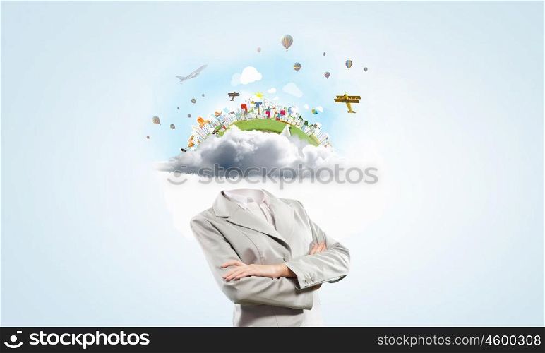 Portrait of headless businesswoman. Businesswoman with green eco concept instead of his head