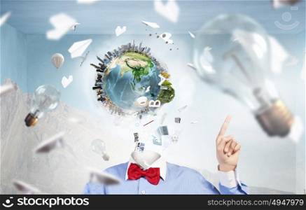 Portrait of headless guy. Headless man wearing red bow tie pointing with finger up. Elements of this image are furnished by NASA