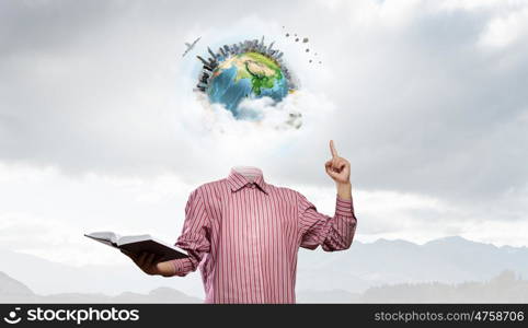 Portrait of headless guy. Headless man with book in hand presenting knowledge concept. Elements of this image are furnished by NASA