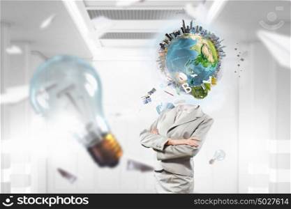 Portrait of headless woman. Woman wearing suit with Earth planet instead of head. Elements of this image are furnished by NASA