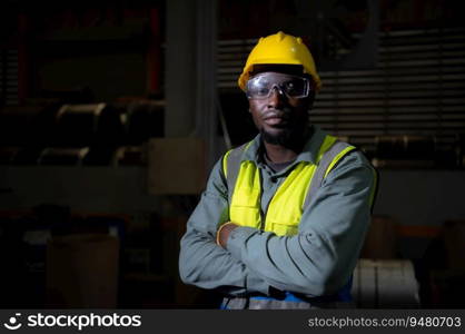 Portrait of heavy industrial workers working at night.