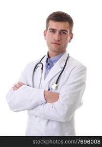 Portrait of hero in white coat.  Cheerful smiling young doctor with stethoscope in medical hospital standing against white  background. Coronavirus covid-19 danger alert