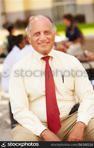 Portrait Of High School Teacher Sitting On School Campus
