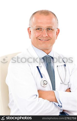 Portrait of hospital professional doctor male with stethoscope isolated