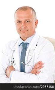 Portrait of hospital professional doctor male with stethoscope isolated