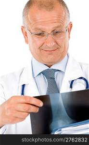 Portrait of hospital professional doctor with stethoscope hold x-ray