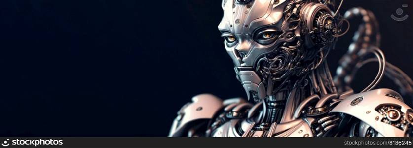 Portrait of humanoid robot. Metallic android face. Synthetic life. Generative AI.. Portrait of humanoid robot. Metallic android face. Synthetic life. Generative AI
