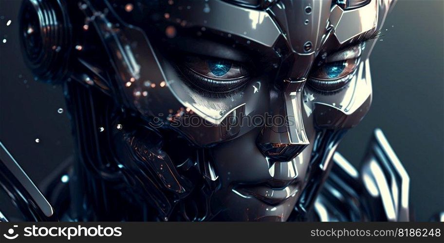 Portrait of humanoid robot. Metallic android face. Synthetic life. Generative AI.. Portrait of humanoid robot. Metallic android face. Synthetic life. Generative AI