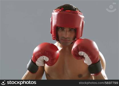 Portrait of Indian male boxer wearing gloves and head protector isolated over gray background