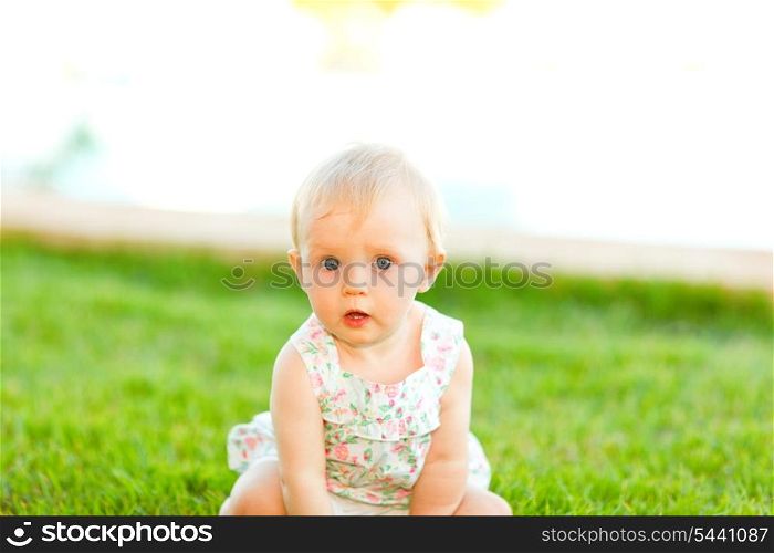 Portrait of interested baby sitting on grass