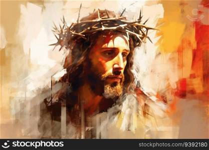 Portrait of Jesus Christ wearing a crown of thorns in paint style, generative ai