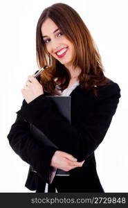 Portrait of lady holding notebook with her hand standing on an isolated background