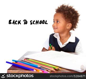 Portrait of little American boy drawing with colourful pencils, isolated on white background, go to first class, back to school concept