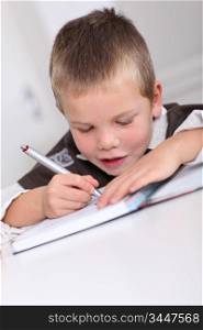 Portrait of little boy doing homework