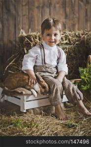 Portrait of little boy playing with a rabbit.. Portrait of baby with Bunny of hay and white boxes 6042.